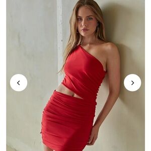 American Threads Gloria One Shoulder Mesh Cutout Mini Dress